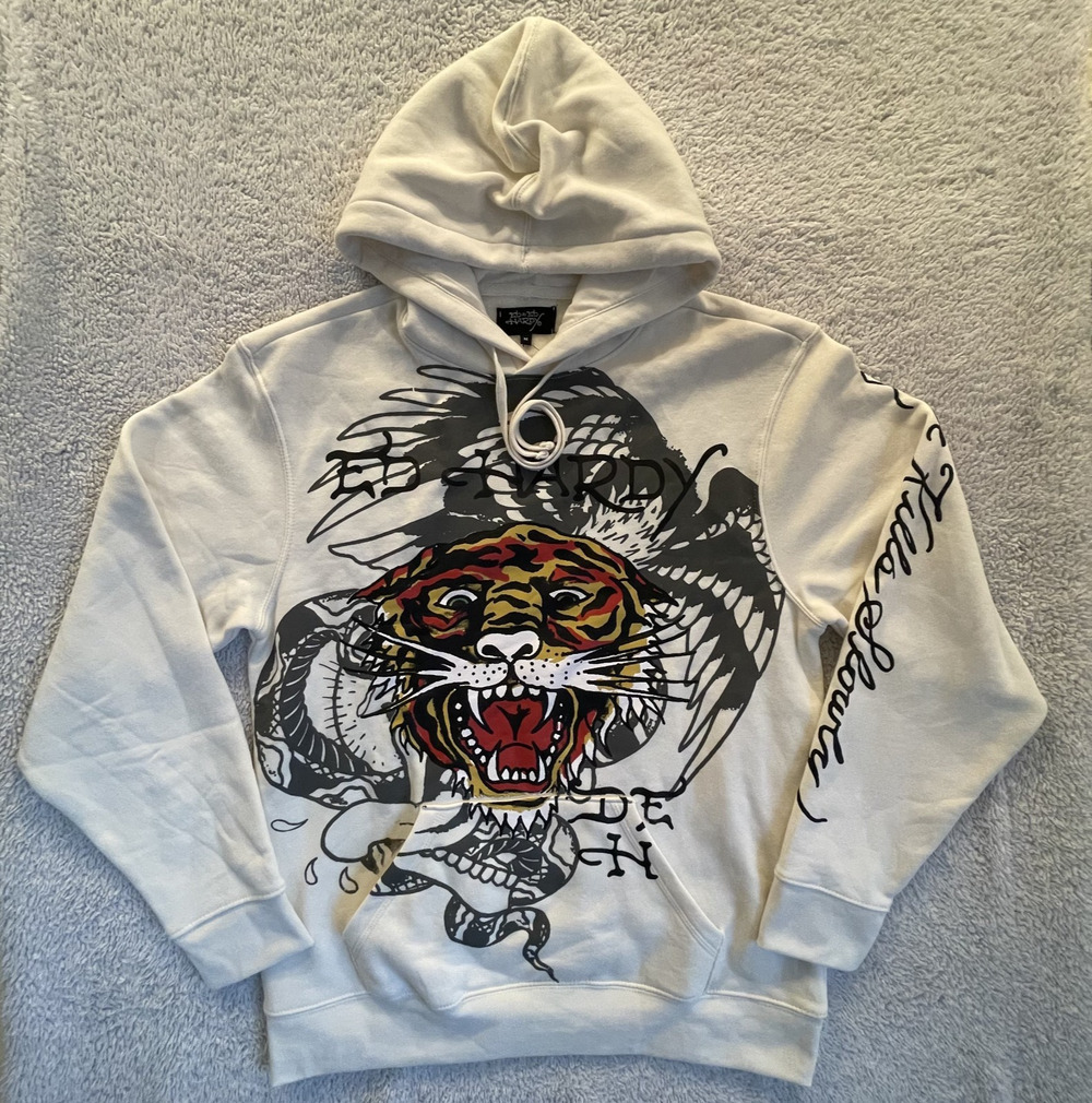 Ed Hardy Hoodie Medium Ivory Pullover Tiger Eagle Love Kill Slowly Tattoo Y2K